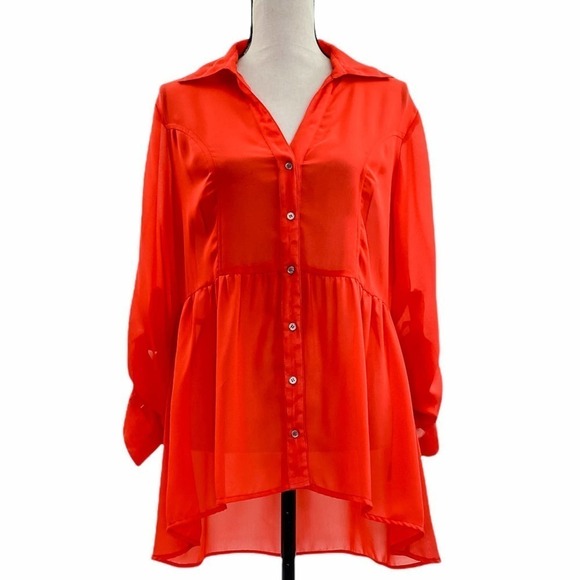 ULTRA Flirt Solid Red Button Down Babydoll Blouse - Picture 1 of 13